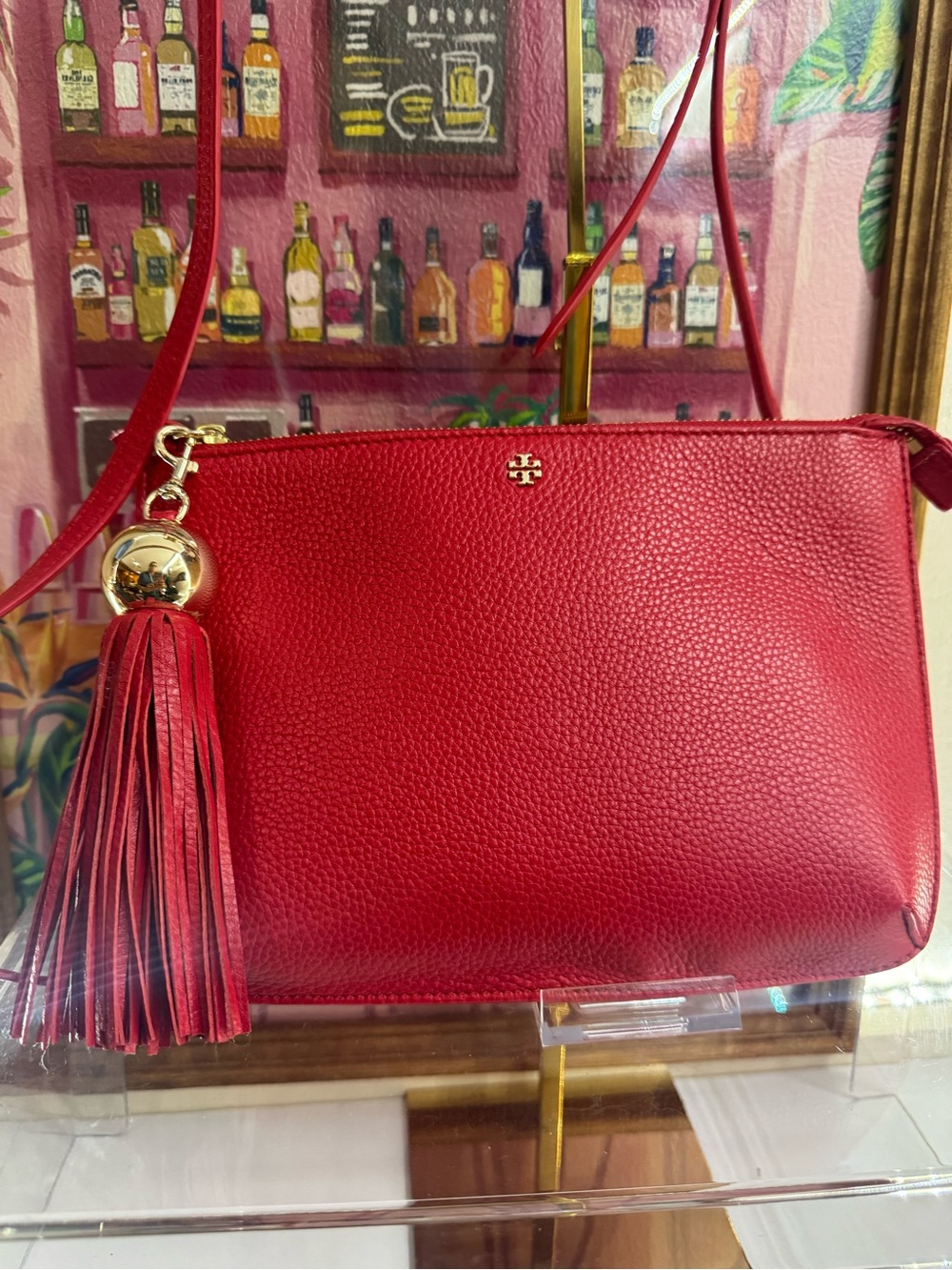 NWT $248 Tory Burch Red Pebbled Leather Tassel Crossbody